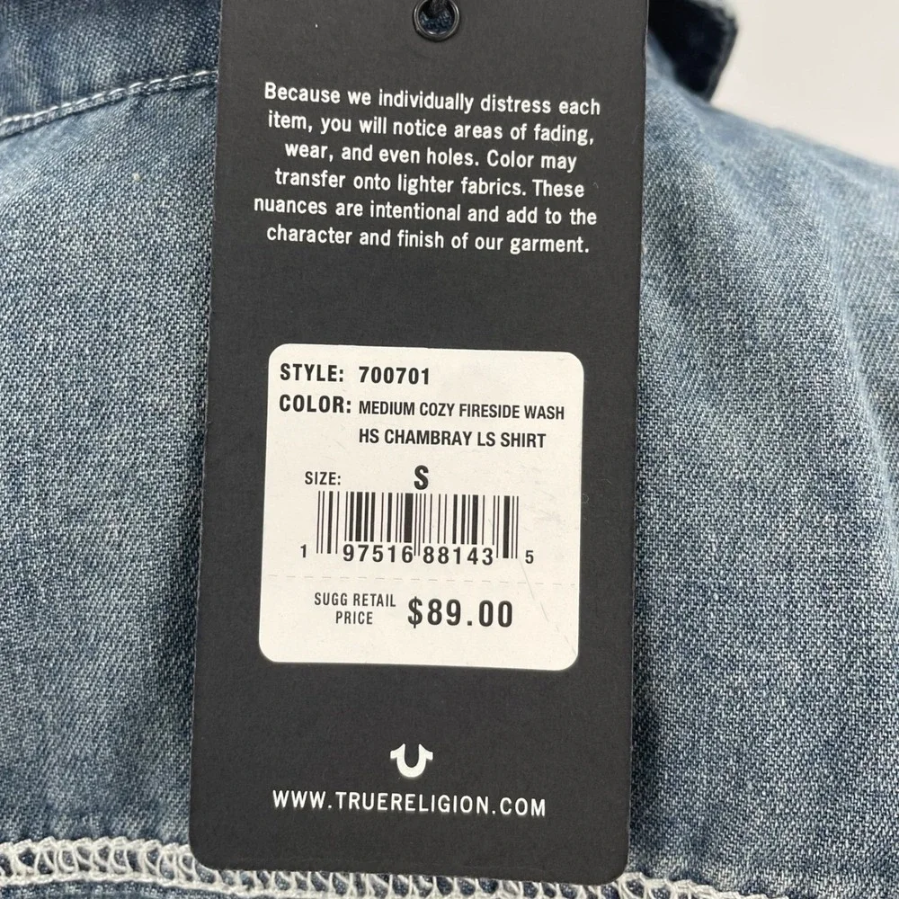 True Religion Mens Chambray Western Snap Shirt Buddha Logo Blue 700701 Small NWT